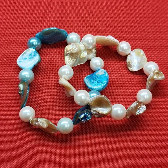 Brown White & Blue Shell Bead Stretch Bracelet Set of 2 - Picture 5 of 11